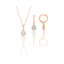 Gümüş Rose Zirkon Taşlı Damla Kolye Ve Küpe İkili Set