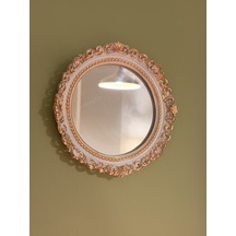 Dantel Kabartmalı Yuvarlak Duvar Aynası Beyaz & Eskitme Altın 28 Cm Naturel