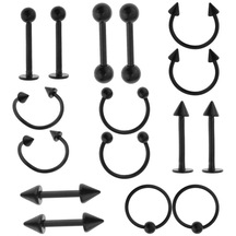 Suntek 16 Adet 16g Kavisli Halter Spike Burun Göbek Kaş Siyah Siyah
