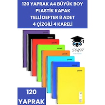 120 Yaprak A4 Telli Defter 8 Adet 4 Çizgili 4 Kareli Plastik Kapak Çok Renkli