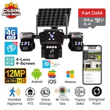 O-kam Ok-303 Premium 4g 4x3mp 12mp 4g Sim Kartlı Solar Panelli 4 Lens 1 Alert Ptz Akıllı Kamera + 64gb Sd Kart