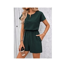 Butik İstanbul Kadın Kısa Kollu V Yakalı Beli Lastikli Kısa Ithal Krep Tulum Yeşil