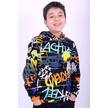 Fyk Kids Kapüşonlu Desenli Unisex Sweatshirt 2 İplik Siyah