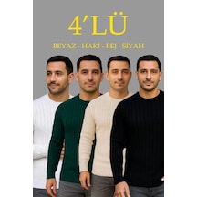 Erkek Fitilli Triko Kazak 4 Lü Set Beyaz, Haki, Bej, Siyahkalın Dokuma Pamuklu Regular Fit Bisiklet Yaka Uzun Kollu Kışlık Ve Baharlık Rahat Triko Kombini Çok Renkli