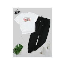 Medinenur Love Baskılı T-shirt Eşofman Altı Jogger Rahat Kalıp Siyah Eşofman Takım Beyaz