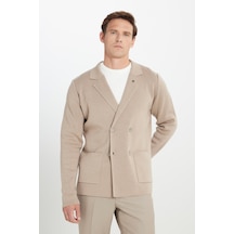 Erkek Vızon Pamuklu Standart Fit Normal Kesim Kruvaze Yaka Cepli Triko Ceket Vizon