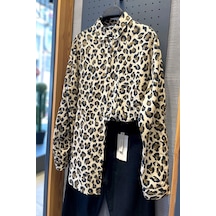 Femelle Kadın Tek Cepli Leopar Desen %100 Pamuk Oversize Gömlek kahverengi