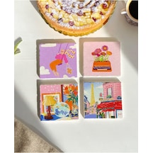 Arslart Renkli Retro Desenli Doğal Taş Bardak Altlığı Seti, 4'lü Diğer