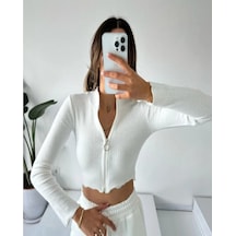 River Island River İsland Beyaz Kaşkorse Kumaş Fermuarlı Crop Bluz Beyaz