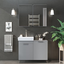 Dubai Sepetli Mdflam Banyo Dolabı, Lavabolu Banyo Alt Dolabı + Aynalı Banyo Üst Dolabı Takımı Kül Gri