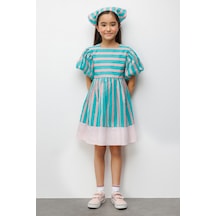 Le Mabelle Mint Çizgili Kız Çocuk Poplin Elbise - Juno Mint