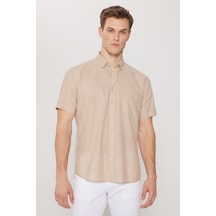 AC&Co / Altınyıldız Classics  Erkek Koyu Bej Comfort Fit Rahat Kesim Gizli Düğmeli Yaka %100 Pamuk Gömlek Koyu Bej