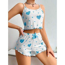 İkikareshop Kadın Beyaz Mavi Kalp Desenli Askılı Şortlu Pijama Takım 5043 Çok Renkli