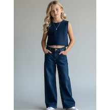 Zekids Kız Çocuk Yüksek Bel Geniş Paça Jean Pantolon-16967 Lacivert