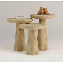 Wood Wooden 3 Lü Set Fitilli Mantar Yan Sehpa Modern Ahşap Renk Vernikli Fiskos Kahverengi