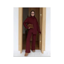 Moda Kadın Bordo Atkılı Saç Örgülü Pantolon Triko 3'lü Takım