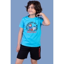 Toontoy Kids Toontoy Erkek Çocuk 2'li Takım Baskılı Bisiklet Yaka Tişört & Beli Lastikli Cepli Şort Turkuaz