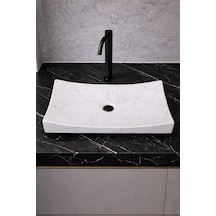 Mermer Desenli Tezgah Üstü Kayık Model Taş Lavabo 35 X 60 Cm Beyaz