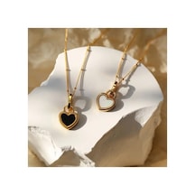 Shade - Çift Taraflı Siyah Beyaz Kalp Paslanmaz Çelik Unisex 14 Şubat Özel Tasarım Hediye Kolye Gold