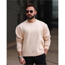 Kalın İçi Pamuklu Cepli Oversize Sweatshirt Krem