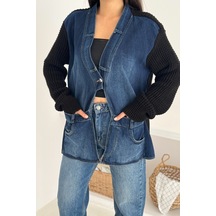 Femelle Siyah Kolları Ve Sırtı Triko Kot Denim Oversize Hırka Cepli Standart Beden