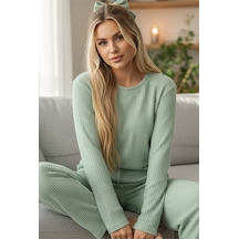 Siyah İnci Bisiklet Yaka Yumuşak Kışlık Waffle Örme Pijama Takım Yeşil