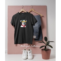 Oversize Güneş Gözlüğü Ve Bandana Takmış Havalı Köpek Tasarımlı Unisex T-shirt Siyah