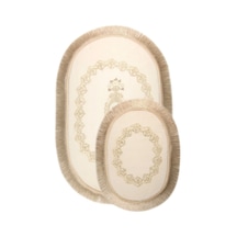 Exclusive Oval Krem 2'li Dantelli Ve Saçaklı Banyo Paspası Püskül Krem