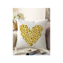 Realhomes Çift Taraflı Beyaz Zemin Üzerinde Gold Detaylı Kalp Çizimli Modern Raşel Örme Yastık Kırlent Kılıfı RH-9980