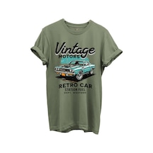 Vintage Motors Yazılı Retro Araba Baskılı %100 Pamuk Regular Fit Unisex T-shirt Haki