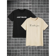 Flood Of Style Erkek 2'li Just Relax Baskılı Oversize Bisiklet Yaka Tshirt Siyah