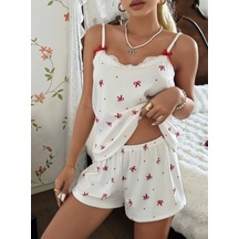 Bezos Kadın Ekru İnce Askılı Şortlu Pijama Takımı 5244 Erdotıca