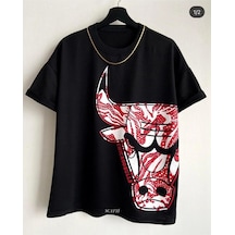 Startmore Erkek Siyah Büyük Logo Bulls Baskılı Oversize Bisiklet Yaka Tişört Siyah