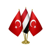 Masa Üstü Yemen Bayrağı Türk Bayrağı Üçlü Pirinç Direk Masa Bayra