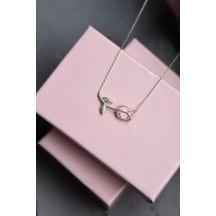 Papatya Silver 925 Ayar Gümüş Rodyum Kaplama Pembe Taşlı Lale Kolye