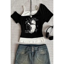 Siyah Balance Cat Our Love Is Ek Askılı Kısa Kollu Gotik Y2k Full Body Crop-18024 Siyah