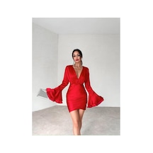 Rabia Çelik Kolları Volanlı V Yaka Saten Kırmızı Elbise Kırmızı Kırmızı