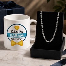 Bk Gift Kişiye Özel Babalar Günü Tasarımlı Beyaz Kupa & Rolo Zincir Kolye -11, Babalar Günü Hediyesi Gümüş