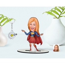 Kişiye Özel Süper Girl Karikatürlü 3D Ahşap Biblo Ve Isimli Silve