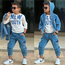 My Kids Wear Erkek Çocuk Bayramlık Kapüşonlu Kot Ceket, Pantolon & Tişört 3 Lü 12489 Beyaz - Mavi
