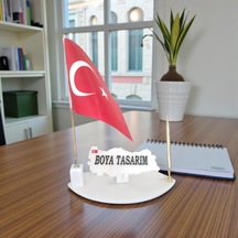 Doğal Beyaz Harita Mermer İsimlik Bayrak Ve Kalemli Gold