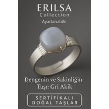 Sertifikalı Doğal Gri Akik Taşı Yüzük Kalın Tımbıl Kasa Gümüş Renk Ayarlanabilir Gri