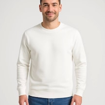 Erkek Üç İplik Düz Bisiklet Yaka Sweatshirt - Beyaz Beyaz