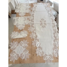 Salon Takımı Çeyizlik Kreme Runner Set 5 Parça Keten Ranır Masa Konsol Sehpa Örtüsü Kayla Diğer