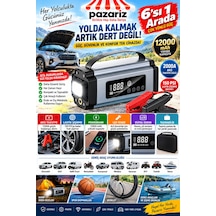 12000mah 2000a Akü Takviye Cihazı Jump Starter, 150 Psı Dijital Lastik Şişirme Kompresörü, Powerbank, Led Fener, Lcd Ekran 6'sı 1 Arada
