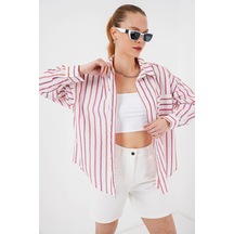 Kadın Çizgili Oversize Gömlek 20278 - Kırmızı Kırmızı