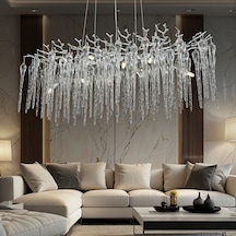 Laura Sıralı Krom Yemek Masası Üstü Kristal Taşlı Modern Tasarım Su Damlası Taşlı Salon Avize Krom