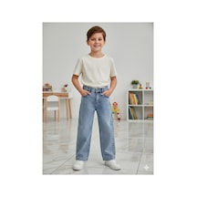 Erdem Kıds Erkek Çocuk Pamuklu Beli Lastikli Baggy Jean Pantolon Rahat Kalıp Geniş Bol Paça Kot Pantolon Buz Mavi Buz Mavi