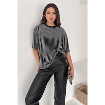 Noa & Noa Kadın Oversize Çizgili Tişört Monochrome Ease Siyah