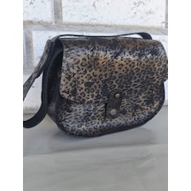 Medorya Design Dore Işıltılı Siyah Leopar Hakiki Deri Mini Çanta Altın - Siyah